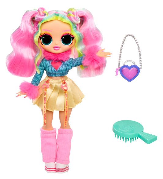 L.O.L. Surprise! OMG Doll Bubblegum D.J. with stylish outfits and accessories displayed on a colorful background.