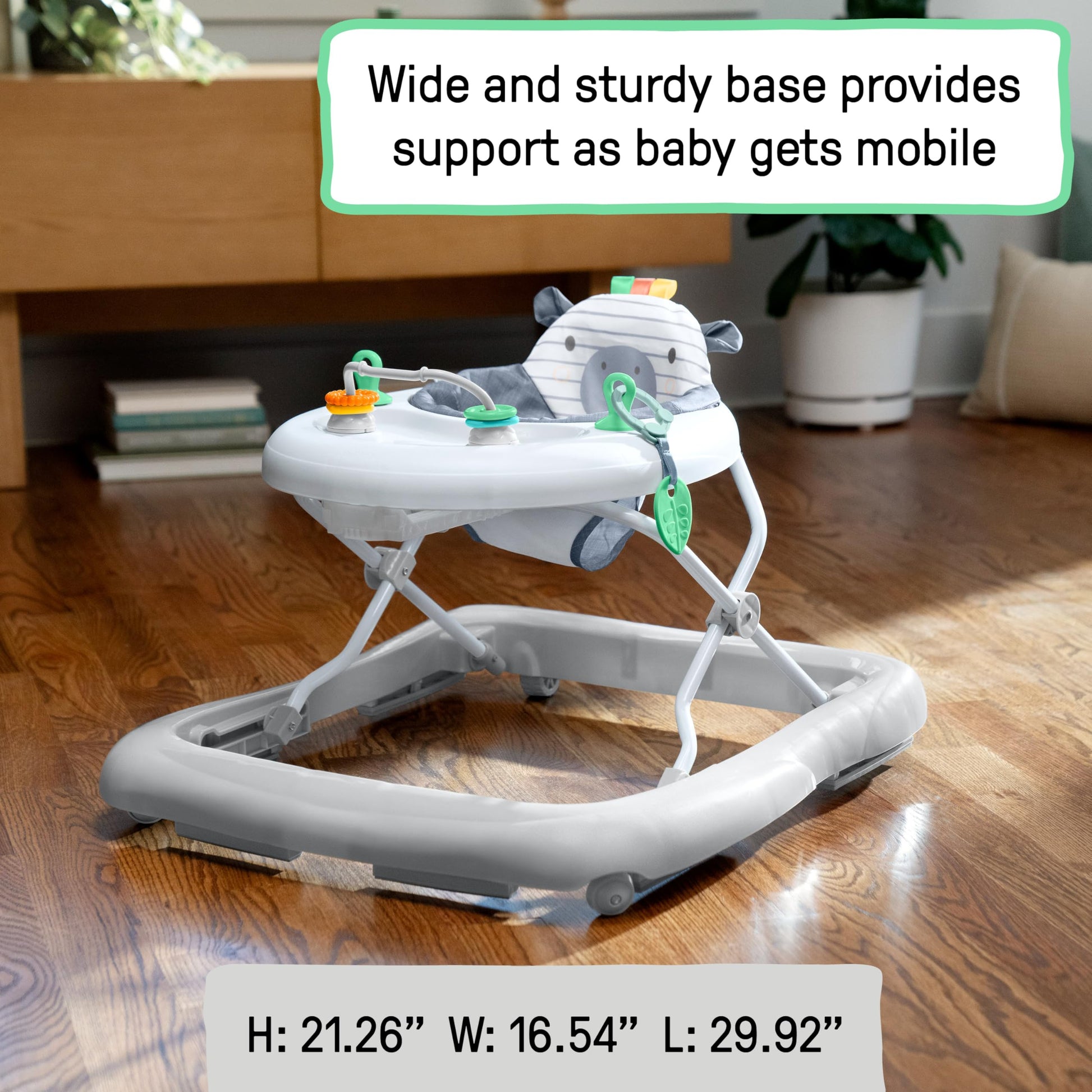 Ingenuity Smooth Strides activity walker in chambray with toys, 3-position height adjustment, suitable for 6 to 12 months.
