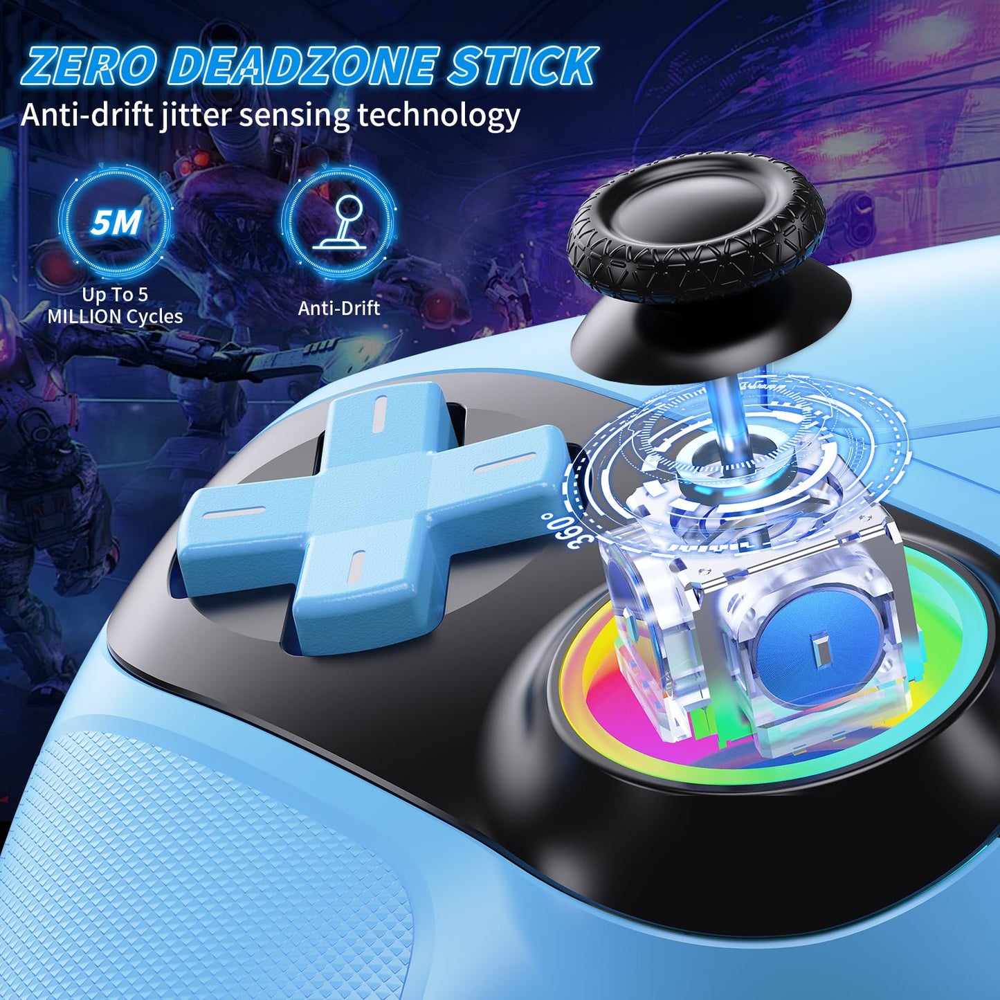 Gamrombo RGB wireless PS5/Pro/Slim and PC game controller with back buttons, touchpad, turbo, dual vibration, and 3.5mm audio jack.