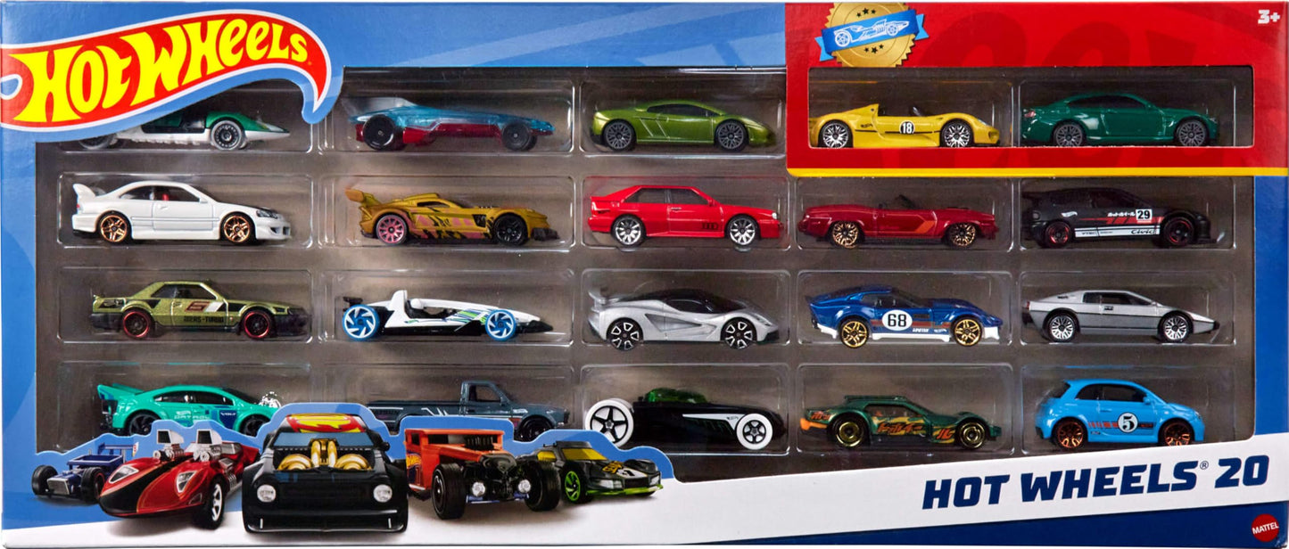Hot Wheels Toy Cars 20-Pack, Set of 20 Die-Cast 1:64 Scale Sports & Race Vehicles for Kids & Collectors (Styles May Vary), H7045