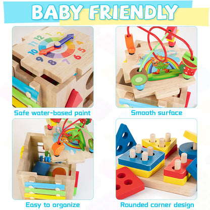 Wooden Activity Cube | 8-in-1 Montessori Toys for 18M+ Toddlers, One Year Old First Birthday Toy, Baby Toy Set with Bonus Sorting & Stacking Board