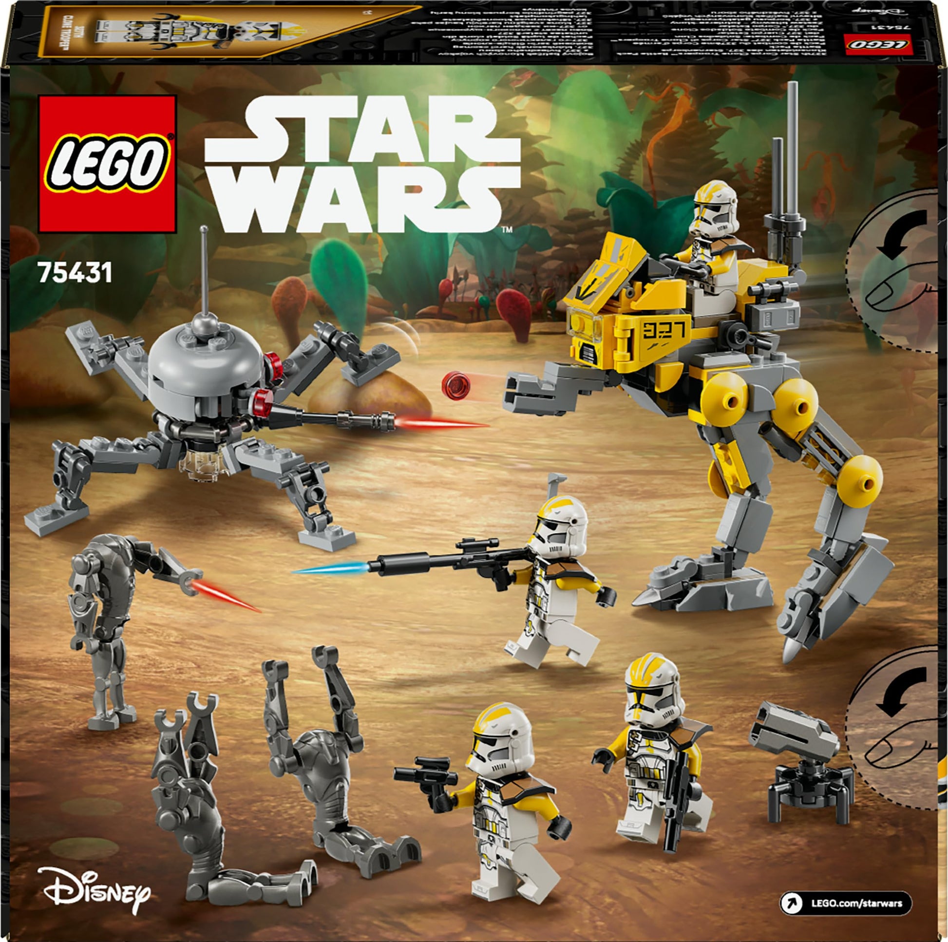 LEGO Star Wars 75431 327th Star Corps Clone Troopers Battle Pack with 4 minifigures, 3 battle droids, and an AT-RT.