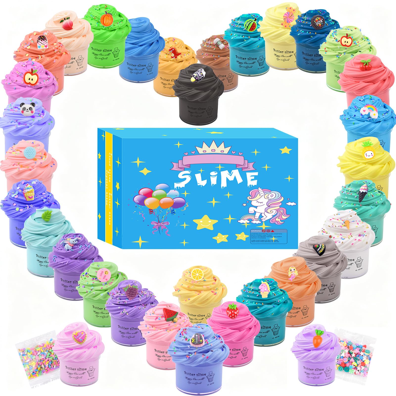 Set of 32 scented mini butter slime kits with cute charms, soft, non-sticky stress relief toys for kids and birthday party favors.