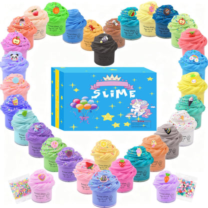 Set of 32 scented mini butter slime kits with cute charms, soft, non-sticky stress relief toys for kids and birthday party favors.