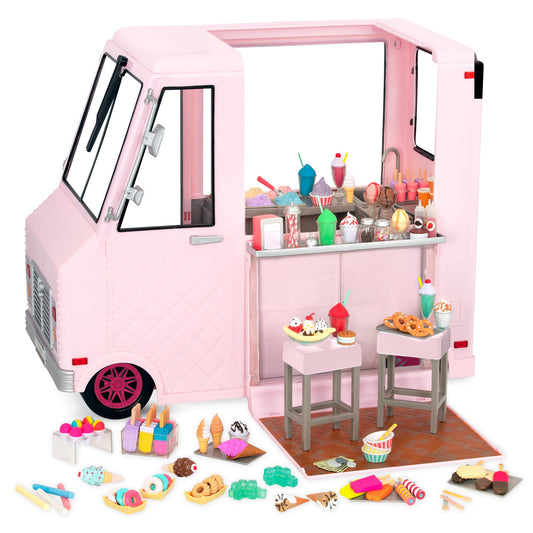 Our Generation pink ice cream truck playset with 129 accessories for 18-inch girl dolls, featuring detailed exterior and serving window.