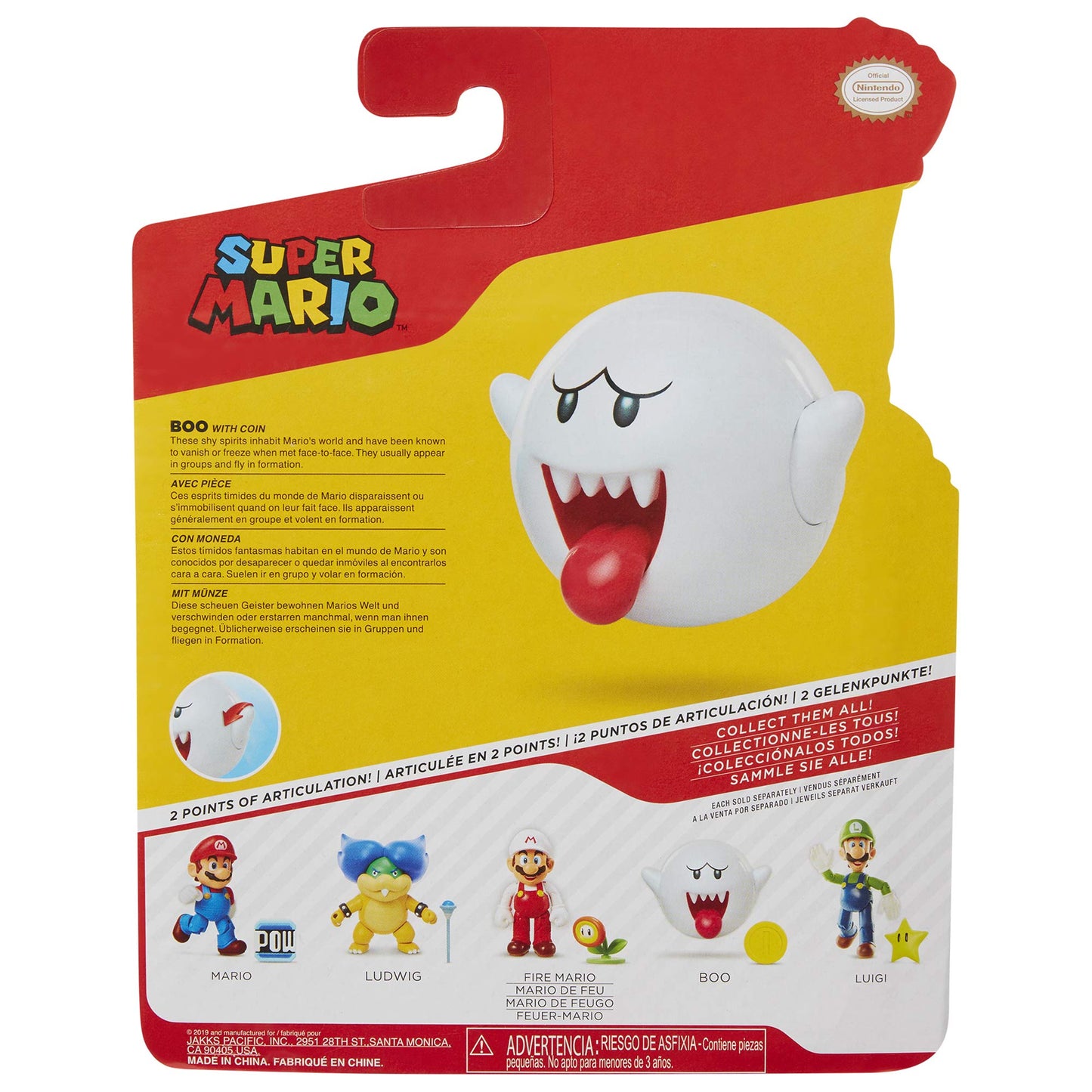 Super Mario Nintendo Boo 4-inch articulated action figure with coin accessory, ideal for kids and collectors.