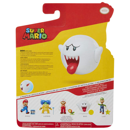 Super Mario Nintendo Boo 4-inch articulated action figure with coin accessory, ideal for kids and collectors.