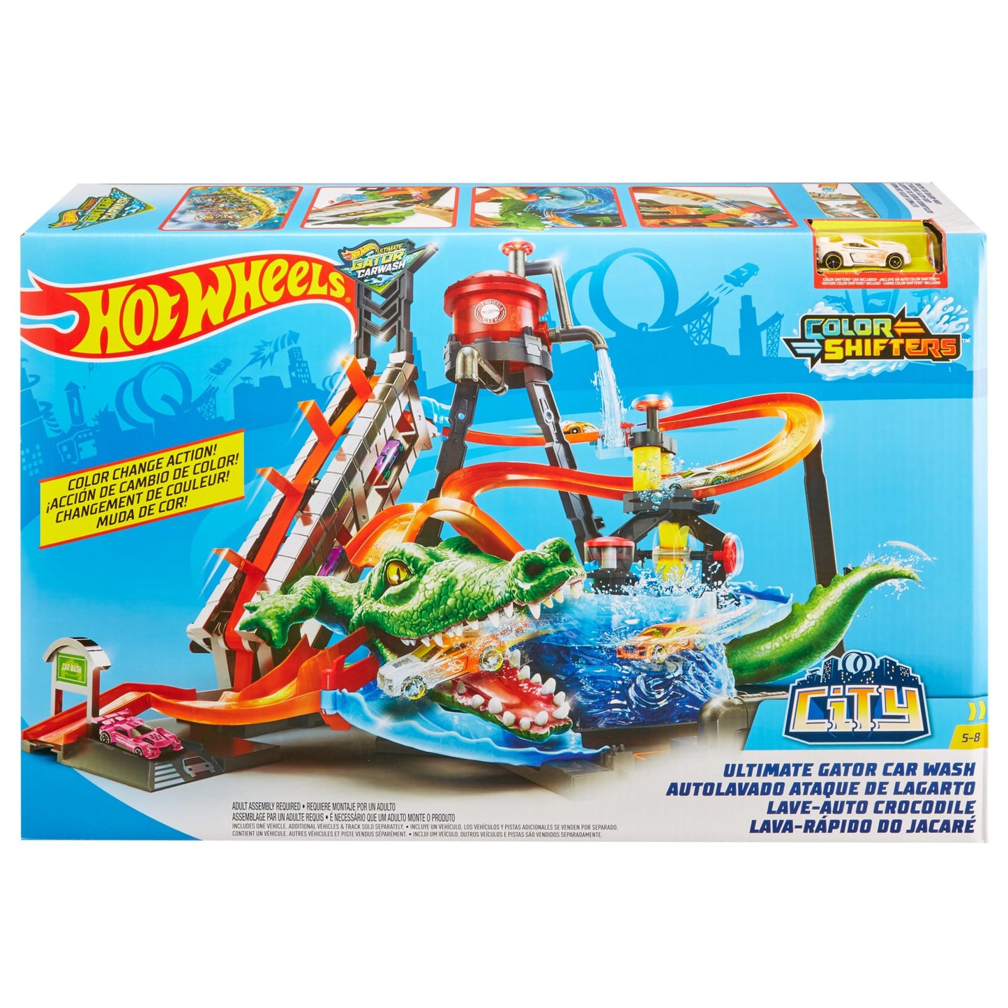 Hot Wheels Ultimate Gator Car Wash ,manual crank elevator, crazy track, water tower, whirlpool dunk tank, and 1 Colour Shifters car, FTB67