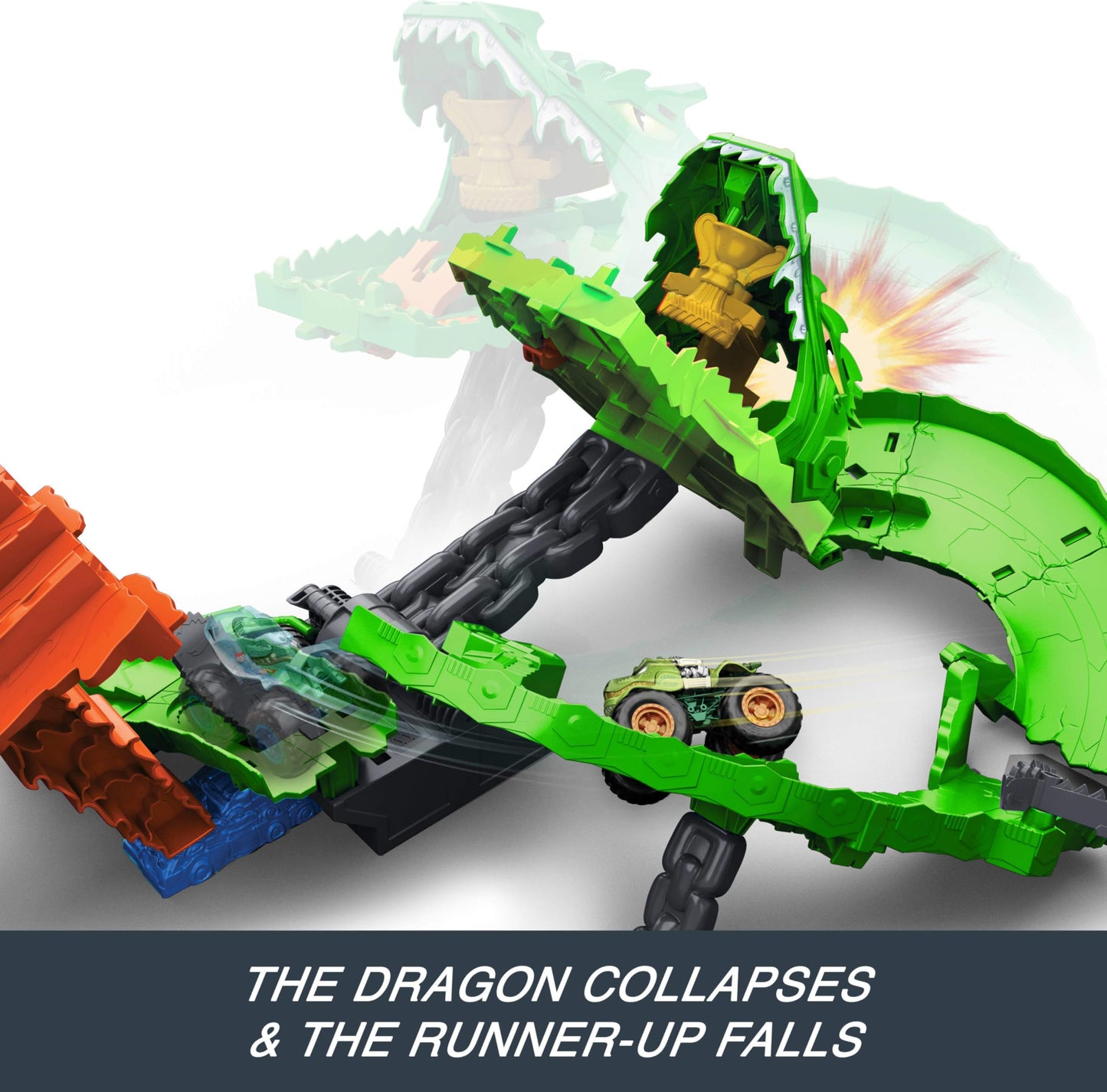 Hot Wheels Toy Monster Trucks, Sharks vs. Dinos Dragon Destruction Playset with 1:64 Scale Great Bite & Rageasaur, Race to Defeat the Cyborg Nemesis, JGB06