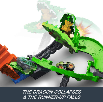 Hot Wheels Toy Monster Trucks, Sharks vs. Dinos Dragon Destruction Playset with 1:64 Scale Great Bite & Rageasaur, Race to Defeat the Cyborg Nemesis, JGB06