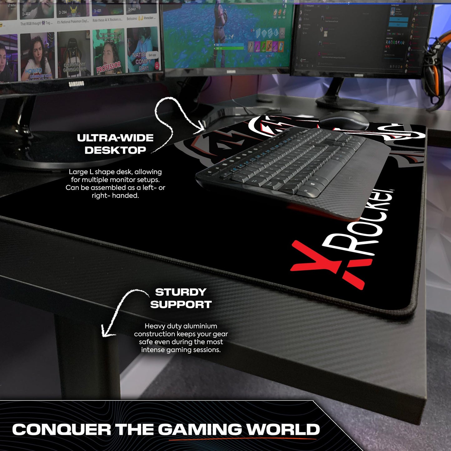 X-Rocker Panther XL 155cm x 108cm, L-Shaped Gaming Desk - Reversible Corner Design, Large Dual Monitor, Sturdy Metal Frame for Adults & Kids - Carbon Black - Mouse Mat Included