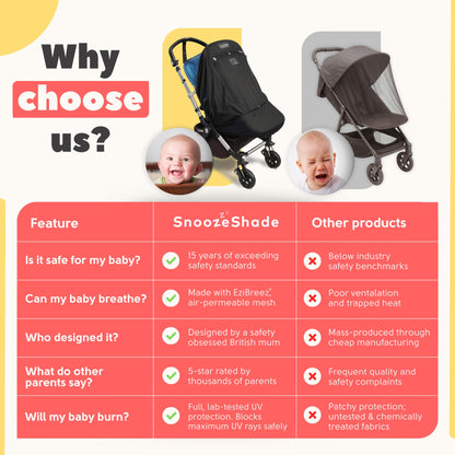 Black SnoozeShade Plus stroller sun shade cover blocking 99% UV, breathable blackout canopy for baby sleep and sun protection.