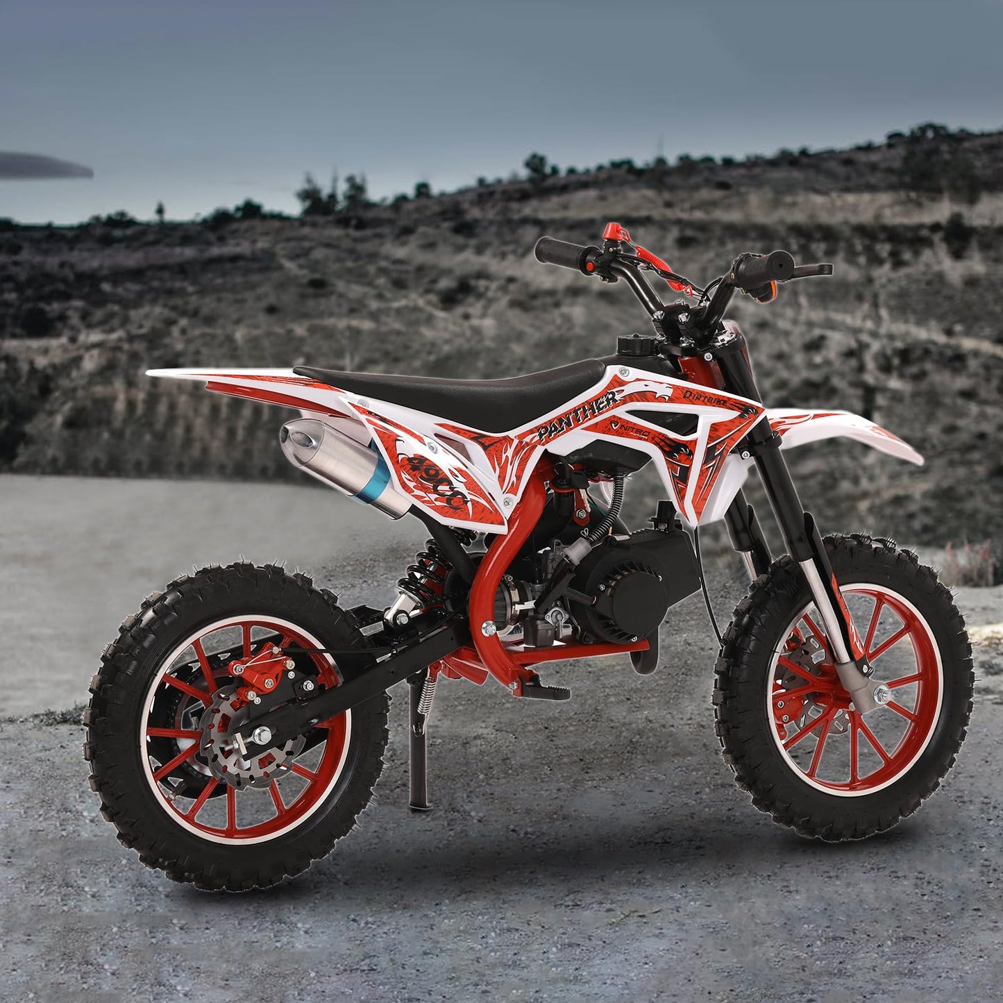 Loqifox 49cc kids dirt bike off-road mini motorcycle with dual disc brakes, suitable for boys and girls ages 8-12, ride-on toy.