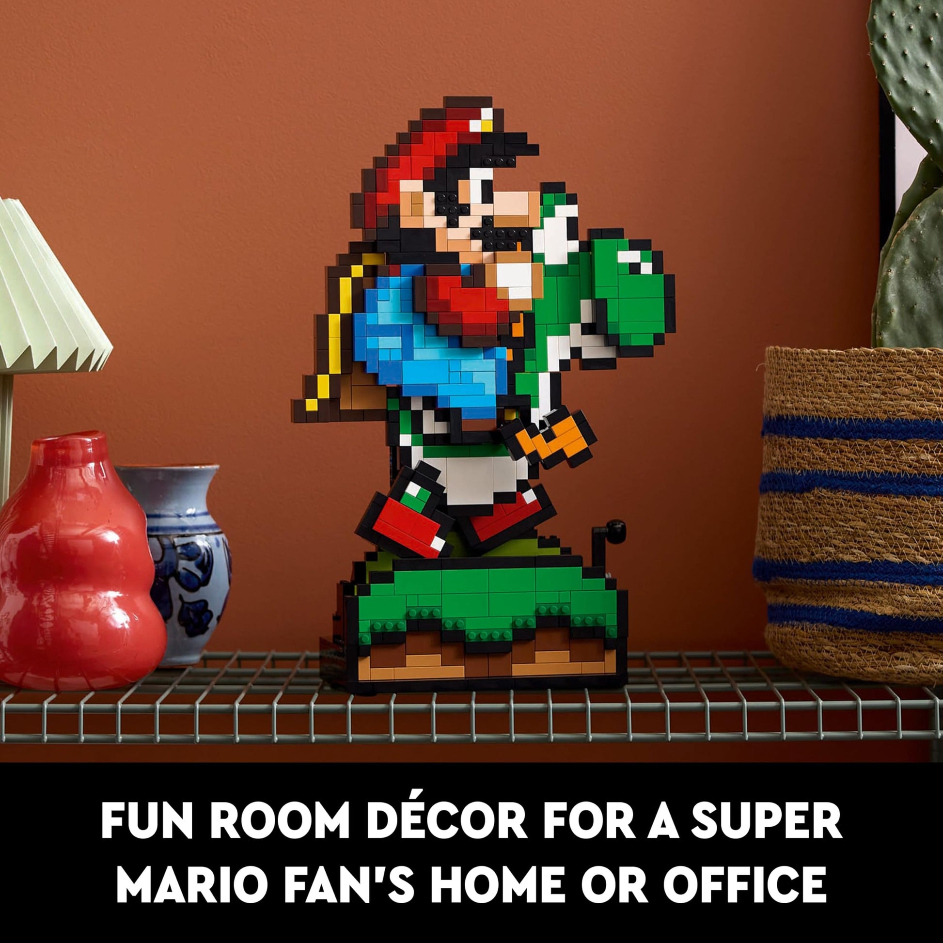LEGO Super Mario World building set featuring Mario and Yoshi pixelated figures, ideal for home decor and collectible gaming display.