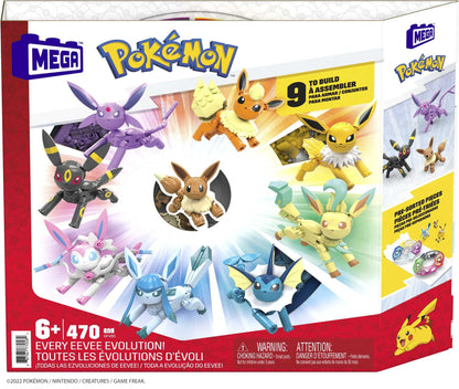 MEGA Pokémon Building Toys set featuring 9 Eevee evolution characters and 470 pieces for creative play.