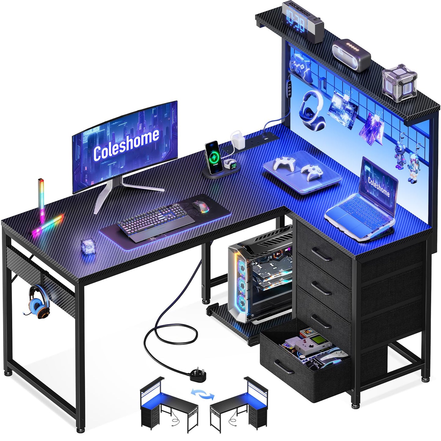 Coleshome L-shaped gaming desk with drawers, shelf, LED lights, power outlets, hook, and carbon fiber black finish.