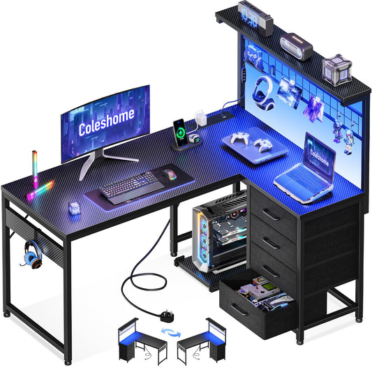 Coleshome L-shaped gaming desk with drawers, shelf, LED lights, power outlets, hook, and carbon fiber black finish.