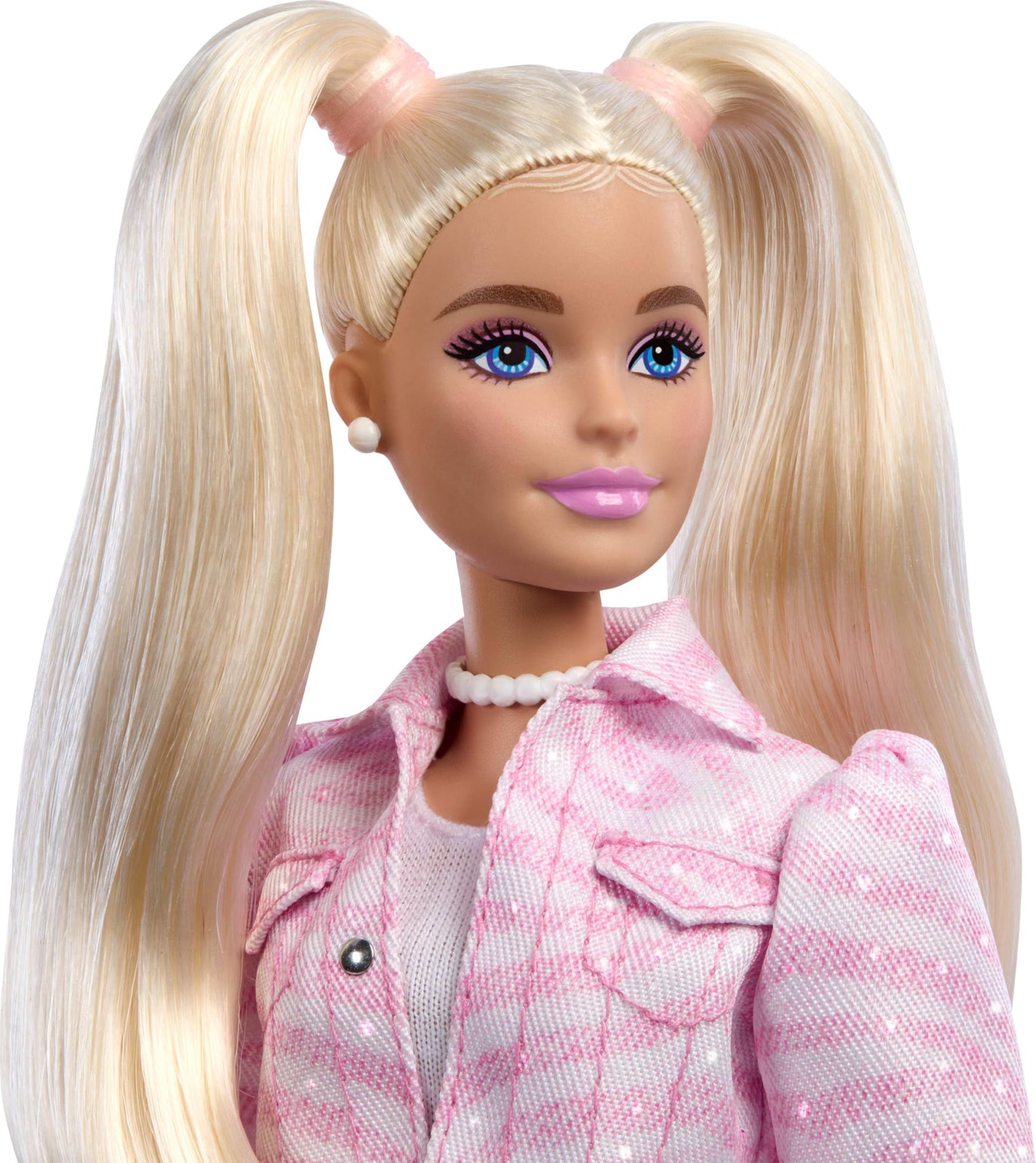 Barbie Deluxe Style Doll #9 in pink denim outfit, blonde hair, matching jacket, skirt, bow clutch, and pearly jewelry.