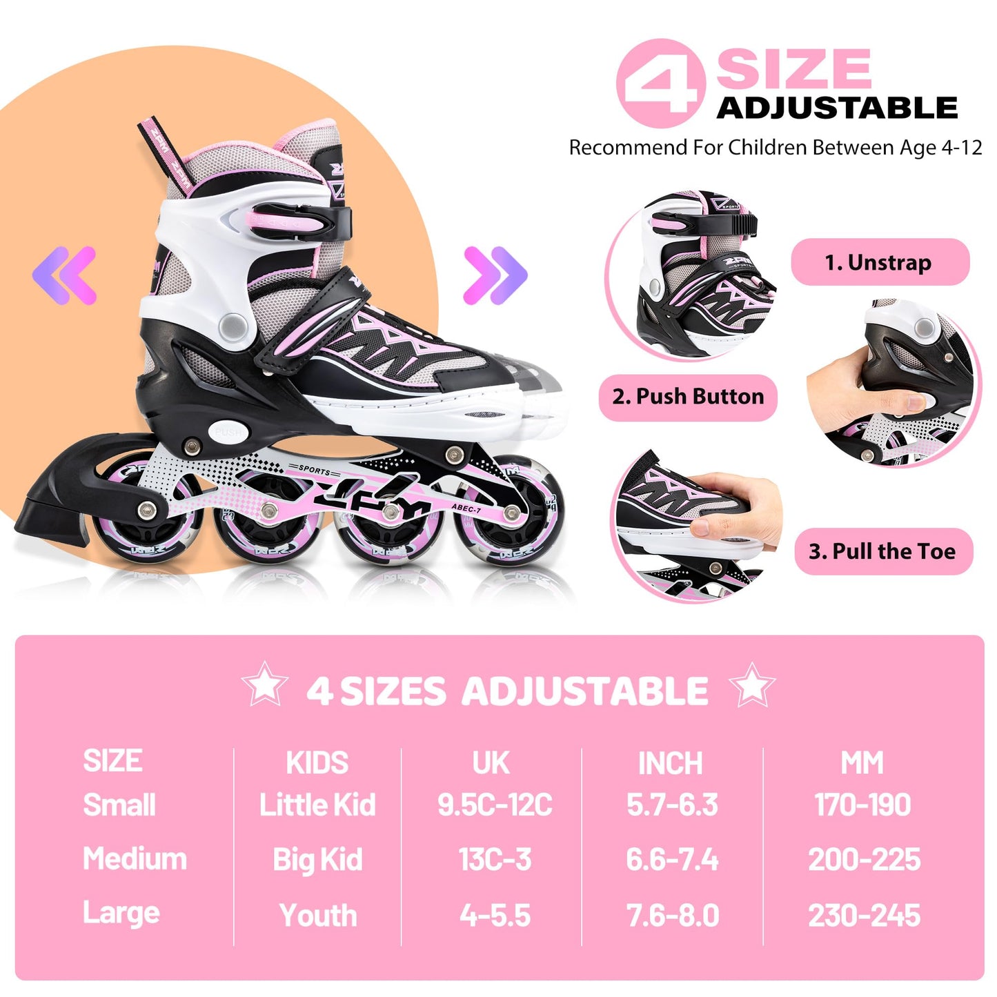 Pink 2pm Sports adjustable inline skates for kids, stylish design, suitable for beginners, small size, perfect for boys and girls.