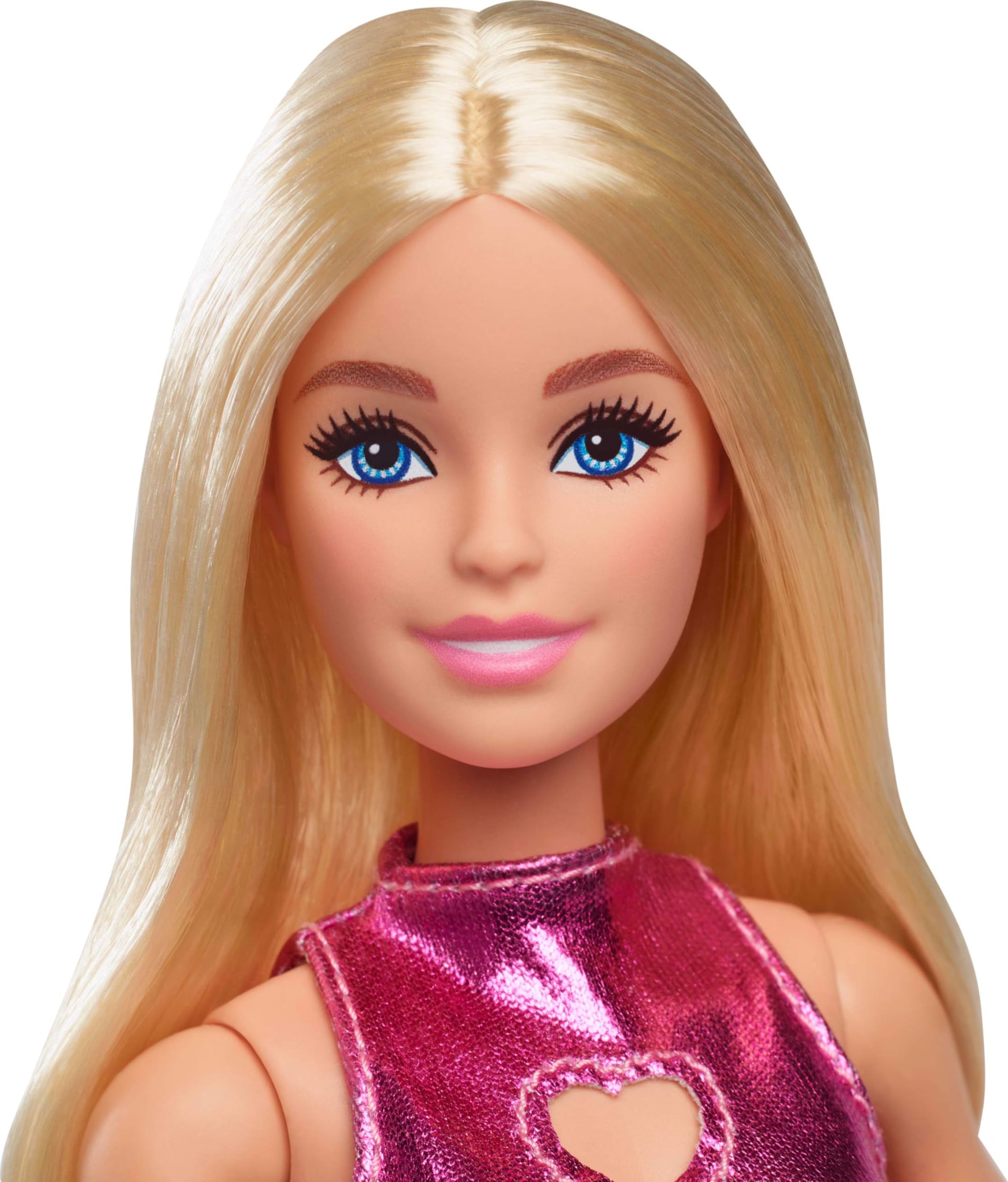 Barbie Fashionistas Doll #230 with blonde hair in metallic pink minidress, heart cut-out, white bracelet, and heels.