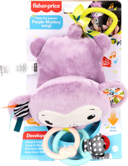 Fisher-Price Baby Stroller Toy Purple Monkey plush with crinkle fabric and clackers, designed for newborns' sensory play