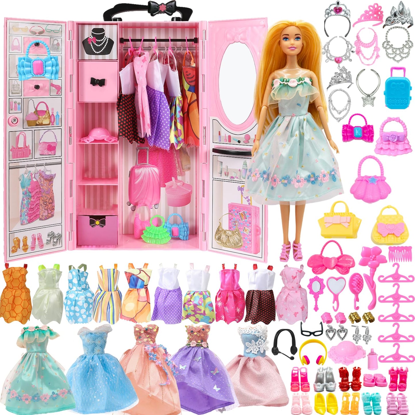Yutoy dolls wardrobe set with pink closet, clothes, shoes, bags, and accessories for 11.5-inch fashion dolls.