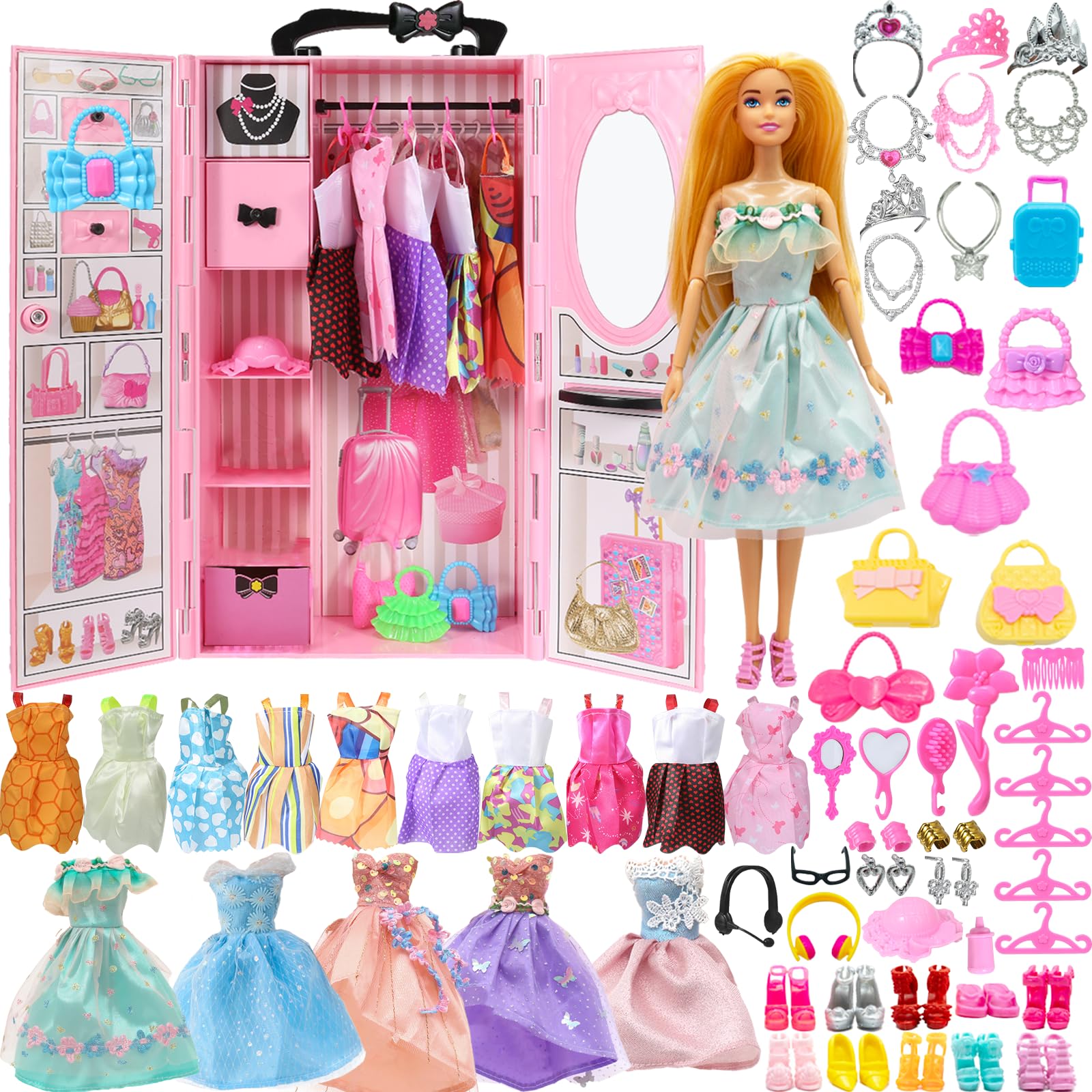 Yutoy dolls wardrobe set with pink closet, clothes, shoes, bags, and accessories for 11.5-inch fashion dolls.