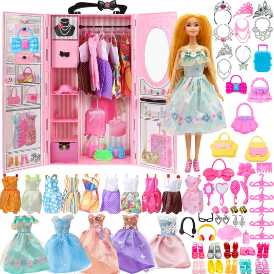 Yutoy dolls wardrobe set with pink closet, clothes, shoes, bags, and accessories for 11.5-inch fashion dolls.
