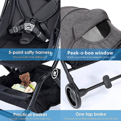 Wheelive Lightweight Baby Stroller, One Hand Easy Fold Compact Travel Pushchair with Cup Holder & Oversize Basket, Sleep Shade - Infant Buggy for Airplane Travel and More