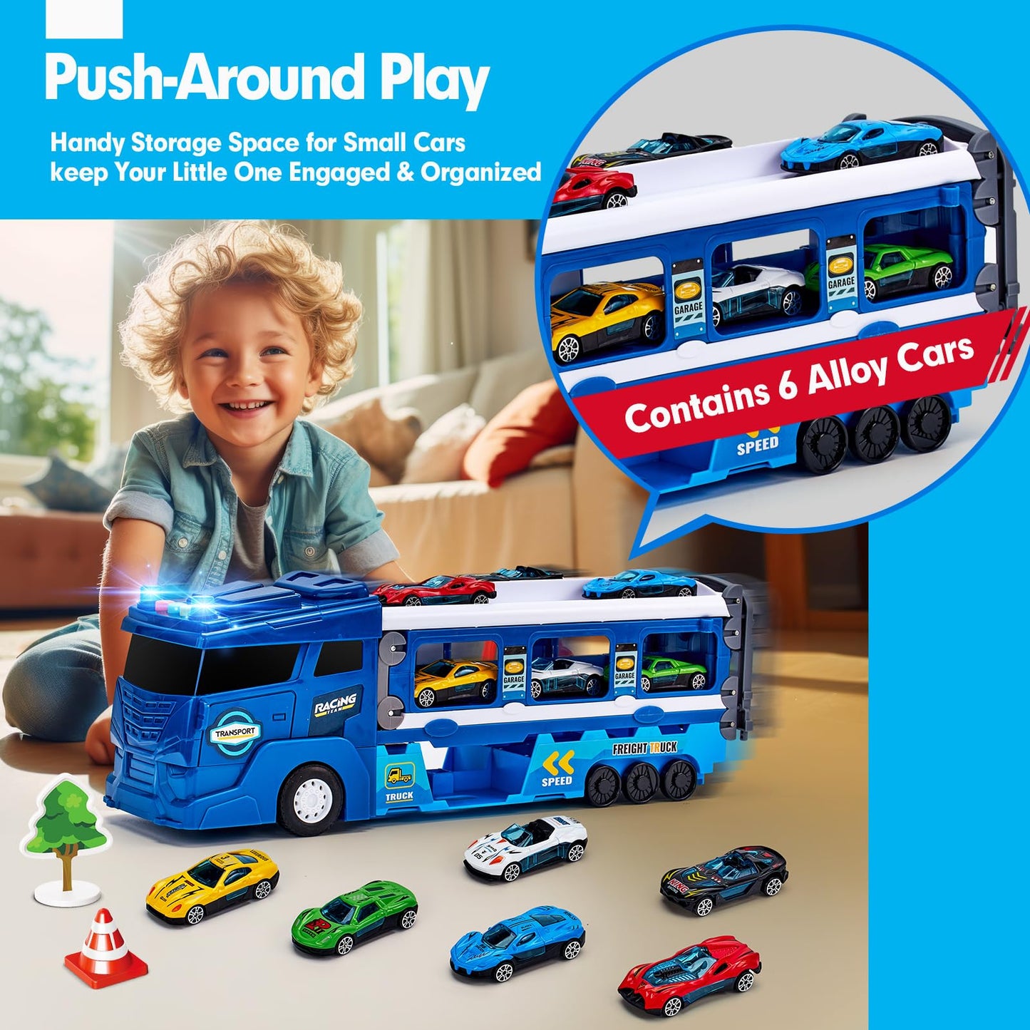 hahaland Puzzle Racer Toy Truck for 3 Year Olds – 2 in 1 Car Carrier Transforms into 114cm Race Track with Dual Launcher! 6 Mini Cars & Accessories – Top 3-10 Year Old Boy Toys & Gifts