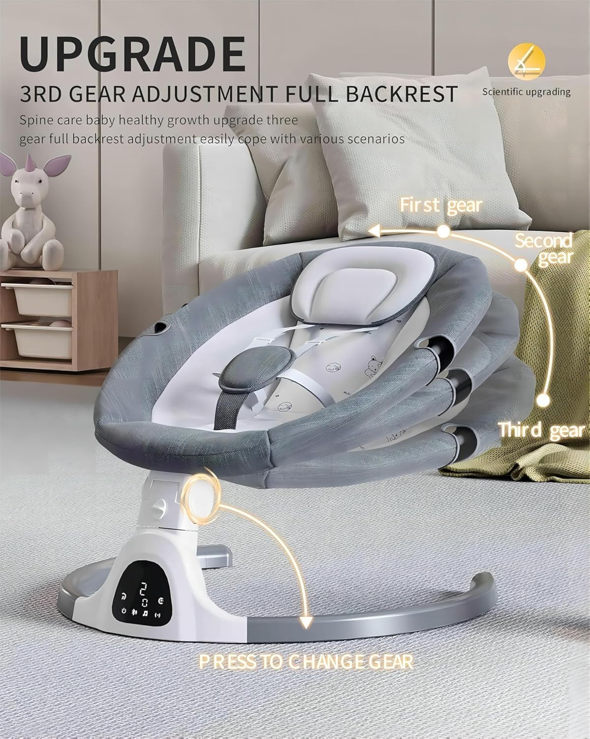 HoldOneLight adjustable height baby swing with remote, 5 speeds, 3 seat positions, 12 lullabies, and 5-point harness for infants.