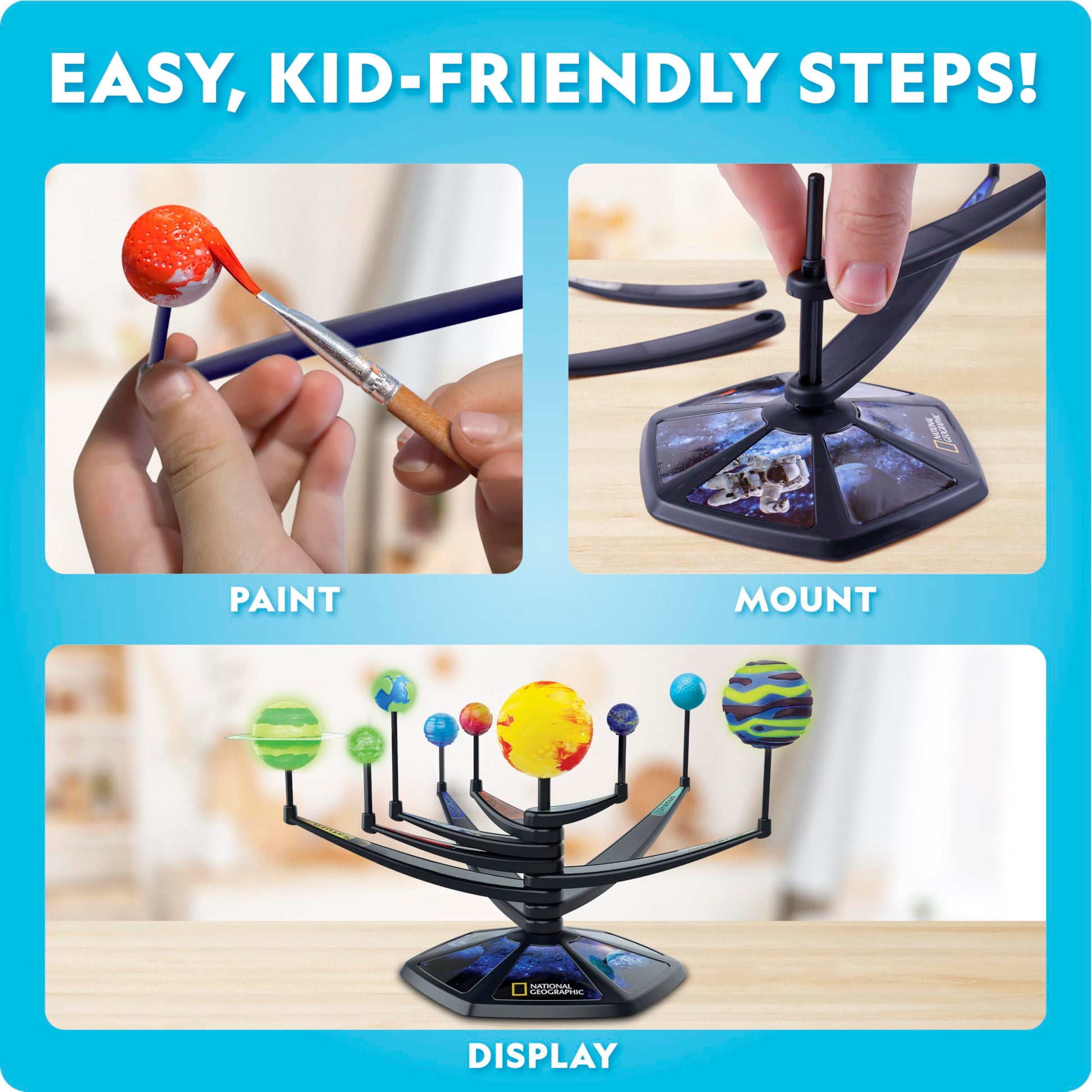 Blue Marble National Geographic glow-in-the-dark solar system model kit with 3D planets and movable arms for kids aged 8-12.