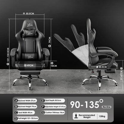 Black Blisswood gaming chair with ergonomic design, high back, footrest, headrest, lumbar support, and height adjustment for comfort