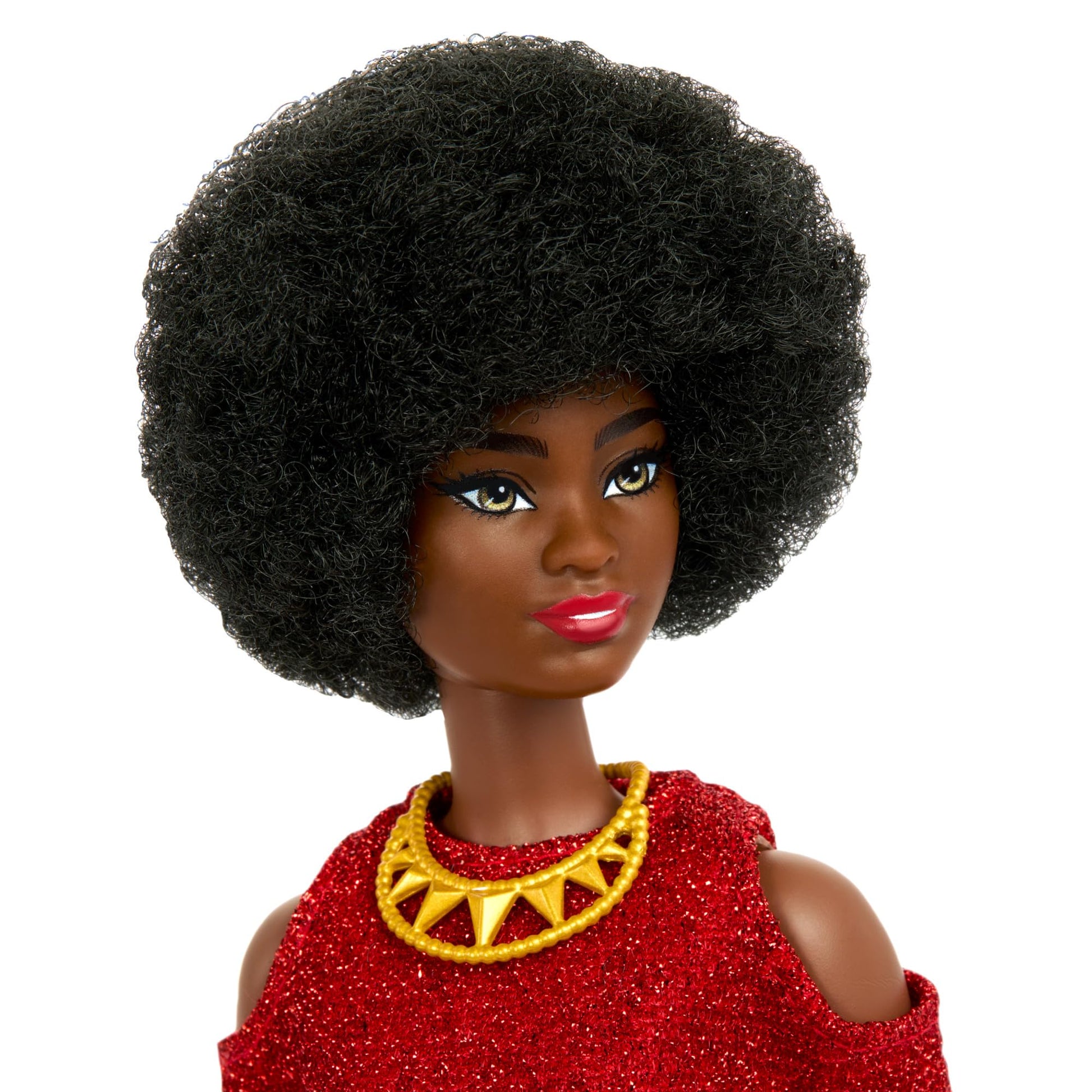 Barbie Fashionistas Doll #221 with natural black hair in a removable red dress and accessories, celebrating 65th anniversary.