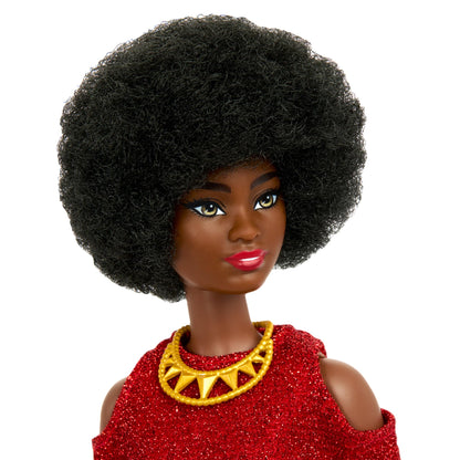 Barbie Fashionistas Doll #221 with natural black hair in a removable red dress and accessories, celebrating 65th anniversary.