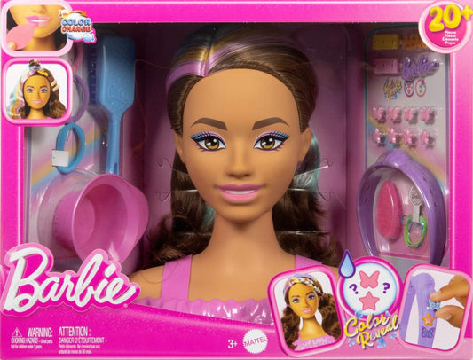 Barbie doll styling head with dark brown hair and colorful star and butterfly hair clips for creative hairstyling fun.