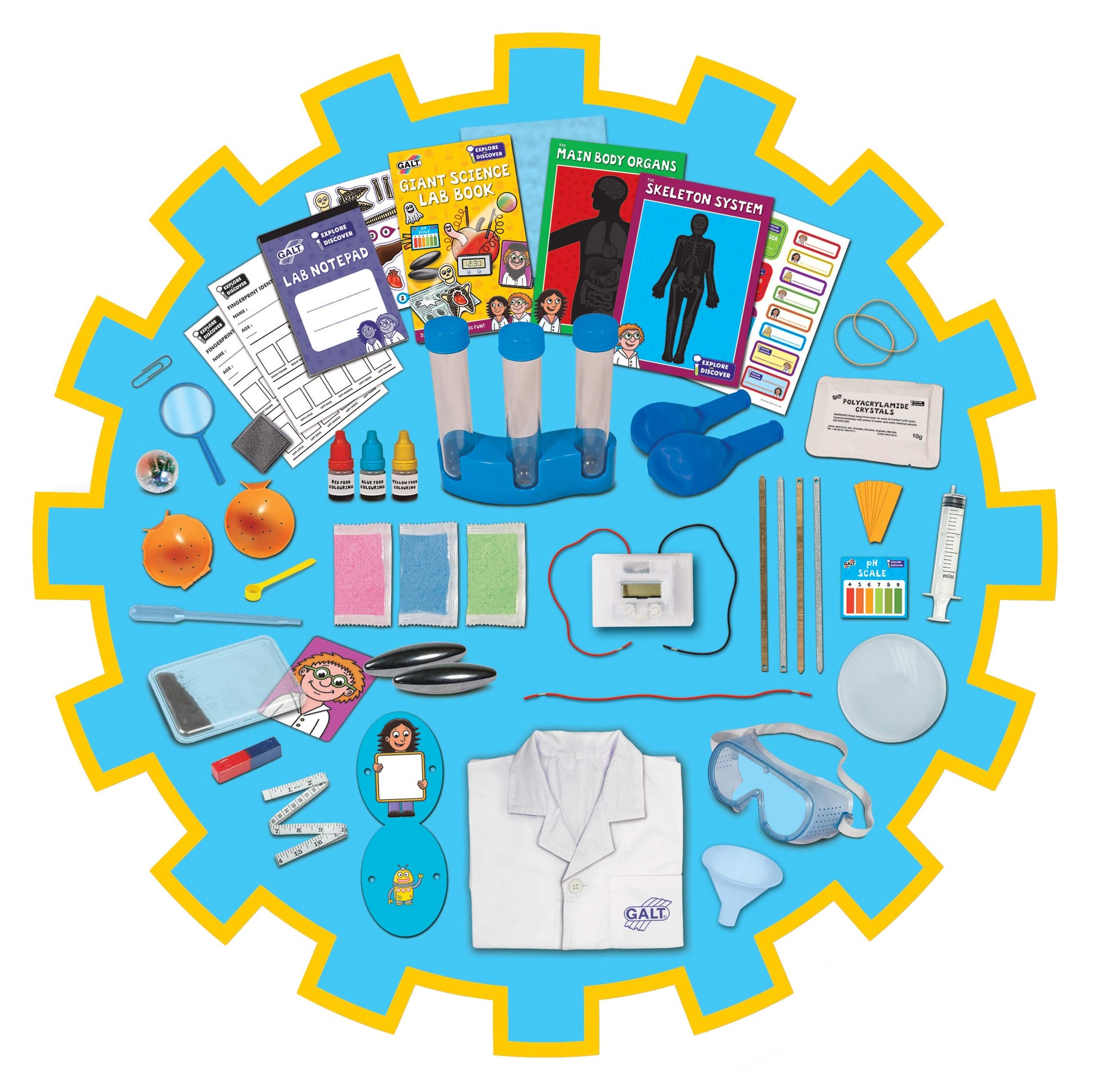 Galt Giant Science Lab kit for kids with lab coat, guide book, and science experiments in chemistry, biology, and physics.