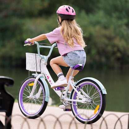 Huffy Girly Girl 20-Inch Cruiser Bike, Basket, Bell, Mudguards, Adjustable Comfort Saddle, Upright Handlebars, Single-Speed, Dual Brakes, Stylish Girls’ Bike for Ages 5-9, White & Sea Crystal