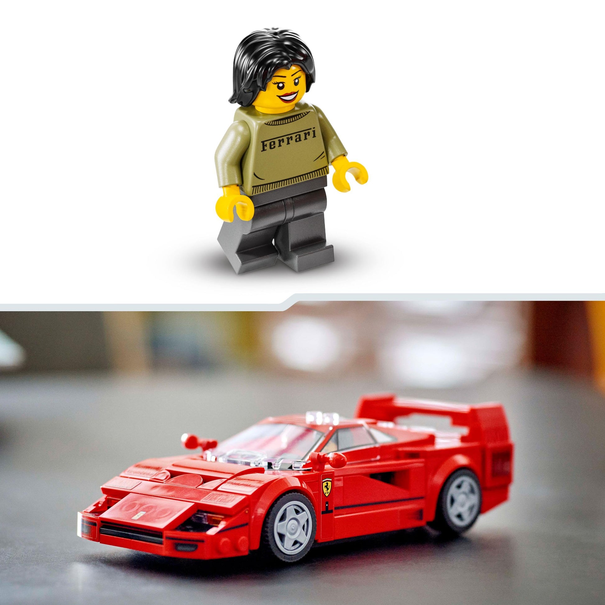LEGO Speed Champions Ferrari F40 model car with driver minifigure, perfect for kids' bedroom decoration and play.