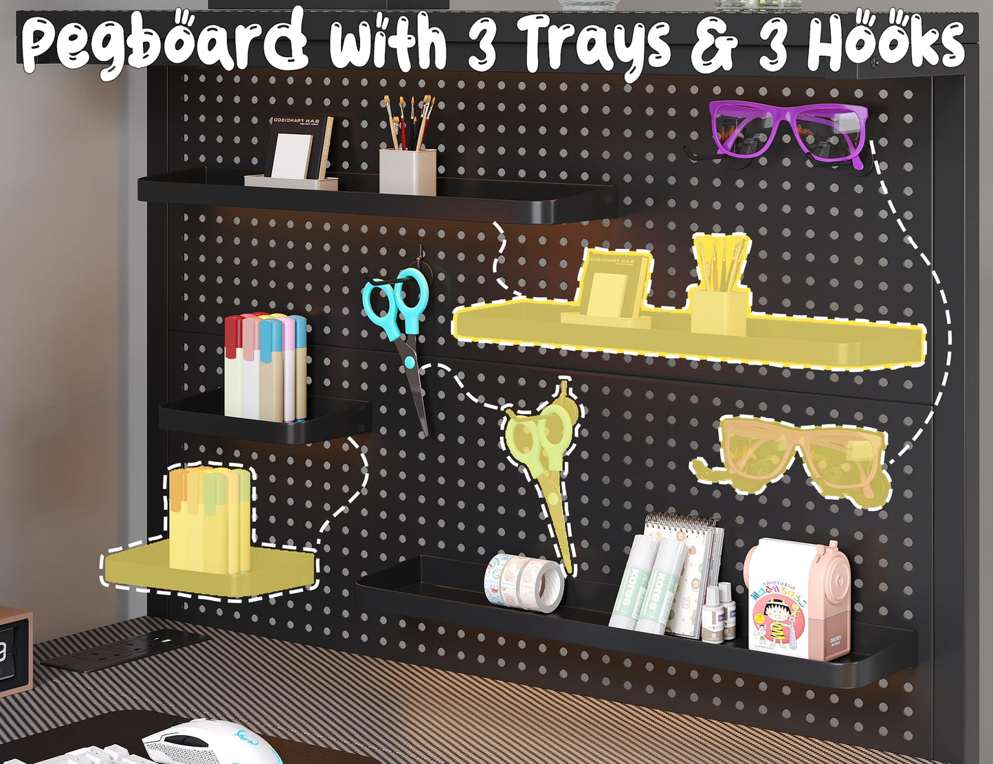 Xyphren 120*80cm L Shaped Gaming Desk with Pegboard Hutch & Shelves, Corner Gaming Desk with Power Outlet, Reversible Computer Desk with 3 Detachable Trays for Home, Bedroom, Office Workspace, Black