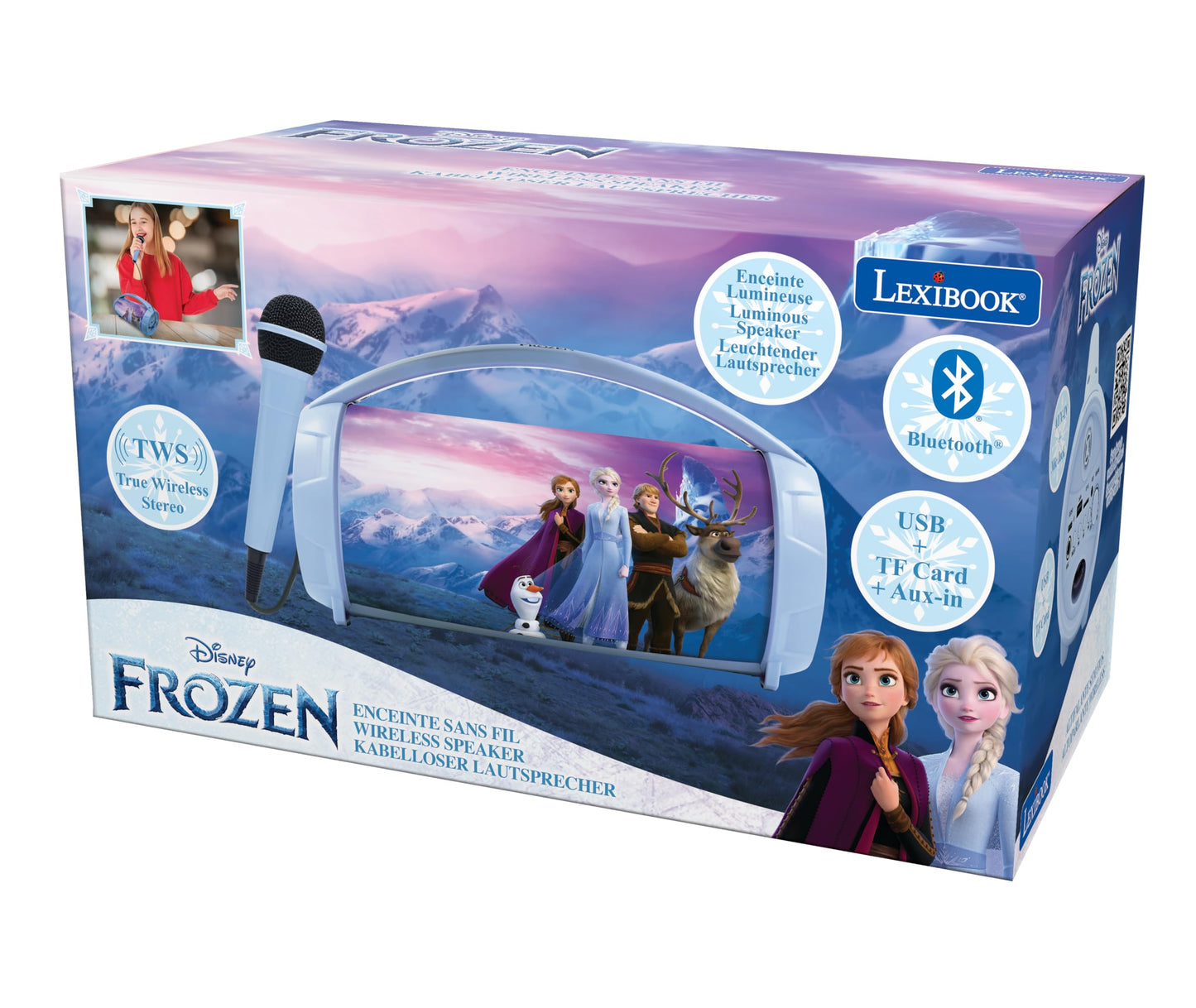 Lexibook Frozen wireless light speaker with microphone, stereo sound, karaoke, USB/SD ports, rechargeable battery, blue and purple colors.