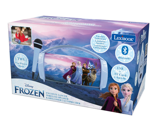 Lexibook Frozen wireless light speaker with microphone, stereo sound, karaoke, USB/SD ports, rechargeable battery, blue and purple colors.