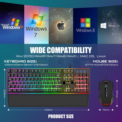 RedThunder K10 Wired Gaming Keyboard and Mouse Combo, UK Layout, True RGB Backlight, Soft Leather Wrist Rest, Mechanical Feel Ergonomic Anti-Ghosting Keyboard + 7D 7200 DPI Mouse for PC Mac (Black)