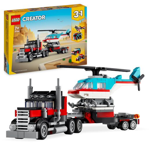 LEGO Creator 3in1 set featuring a flatbed truck, helicopter, and various cool vehicle builds for kids 7 years and older.
