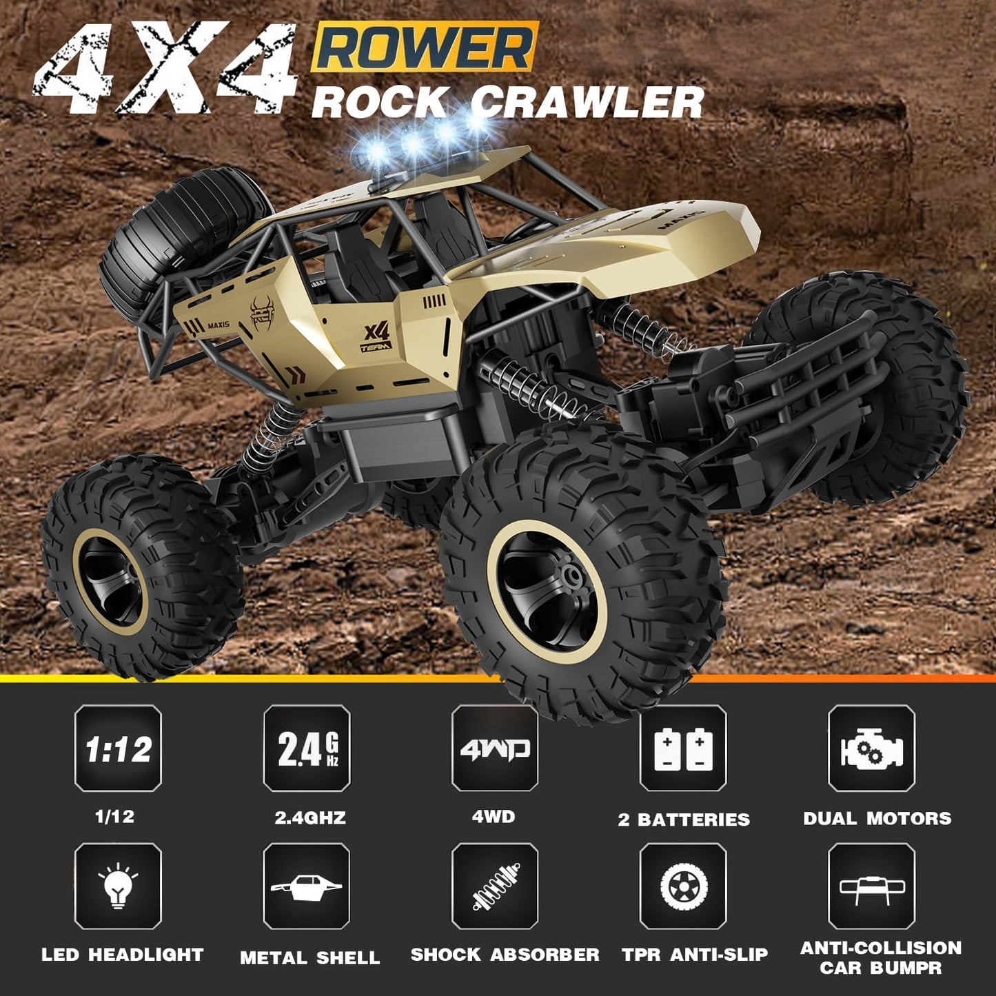 Jiakora 1:12 Remote Control Car Off-Road RC Car Monster Truck,Metal Shell 4WD Dual Motors LED Headlight Rock Crawler,2.4Ghz All Terrain Hobby Truck,2 Batteries for 90 Min Play,Boy Adult Gifts Toys