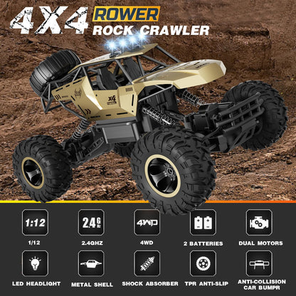 Jiakora 1:12 Remote Control Car Off-Road RC Car Monster Truck,Metal Shell 4WD Dual Motors LED Headlight Rock Crawler,2.4Ghz All Terrain Hobby Truck,2 Batteries for 90 Min Play,Boy Adult Gifts Toys