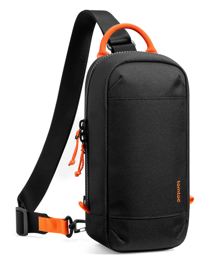 tomtoc black sling crossbody bag for Nintendo Switch 2 with game slots, charger pocket, and protective case for portable travel.
