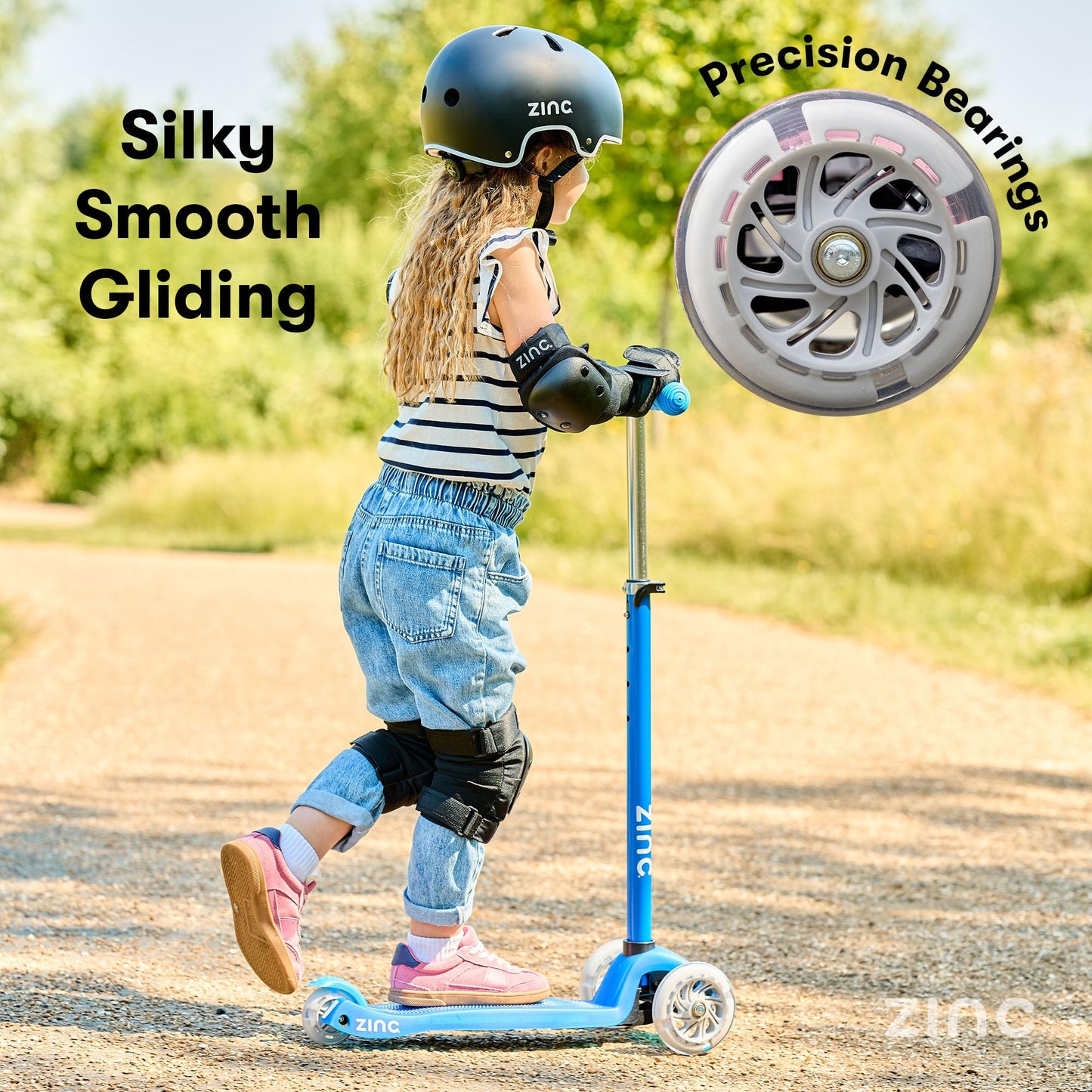 Zinc Superstar Kids Scooter for Ages 3+ – Three Wheeled Boys & Girls Scooter with LED Light Up Deck & Wheels, Adjustable Handlebar, Lean ‘n’ Steer Controls, Rear Brake, Soft Rubber Grips, Blue