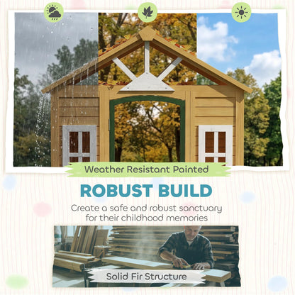 AIYAPLAY wooden outdoor playhouse for kids with door, windows, and flower boxes, suitable for ages 3-8 in garden or indoor play area