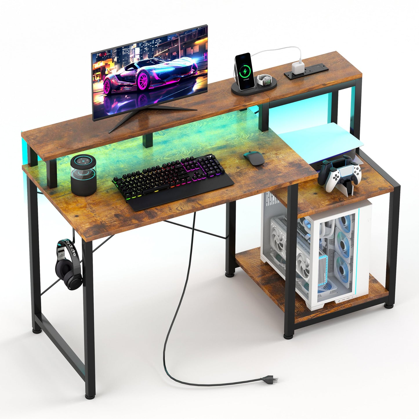 CAIYUN 48-inch brown computer desk with printer stand, adjustable LED lights, power outlets, monitor riser, ideal for office or study
